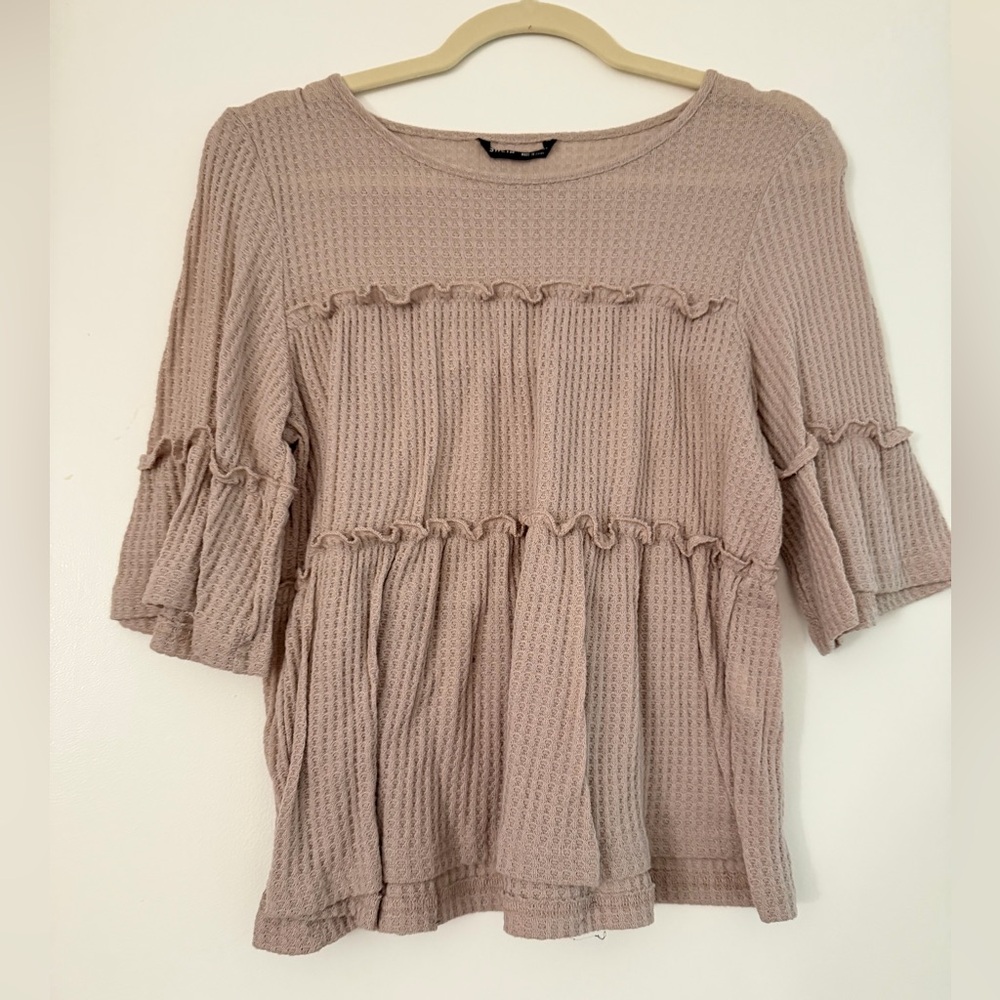 SHEIN Taupe Waffle Ruffle Tiered Tunic Top